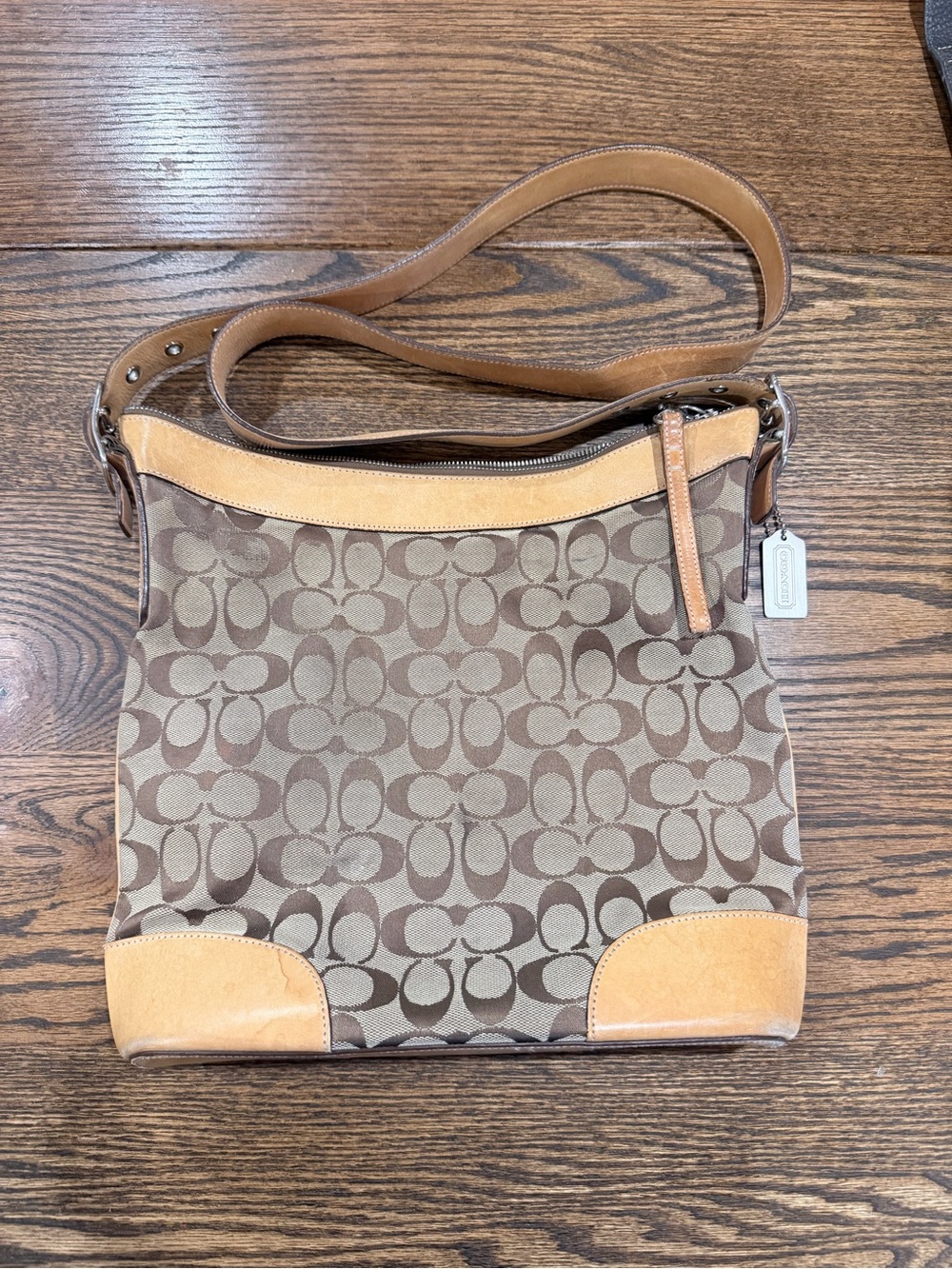 Coach Signature Slim Duffle Canvas Shoulder Bag with Tan Trim